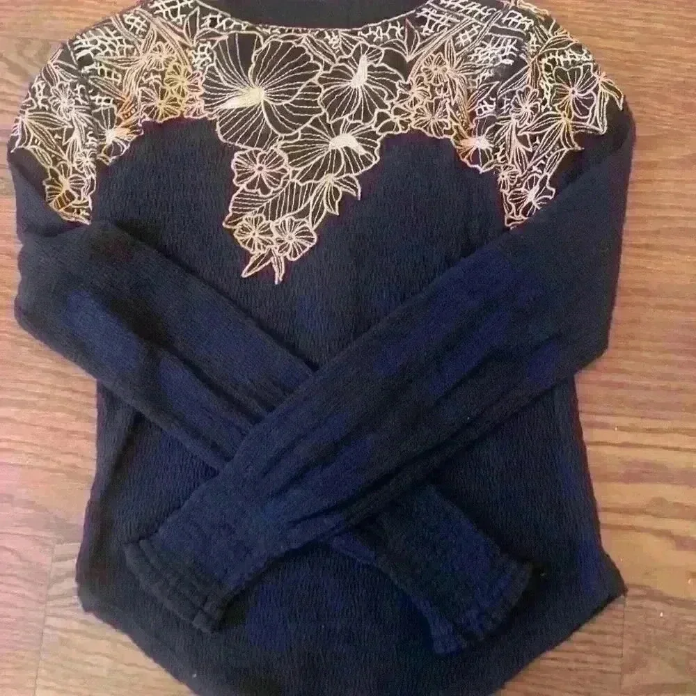 Free People Boho Black Gauze Thermal Embroidered Long Sleeve Top size XS